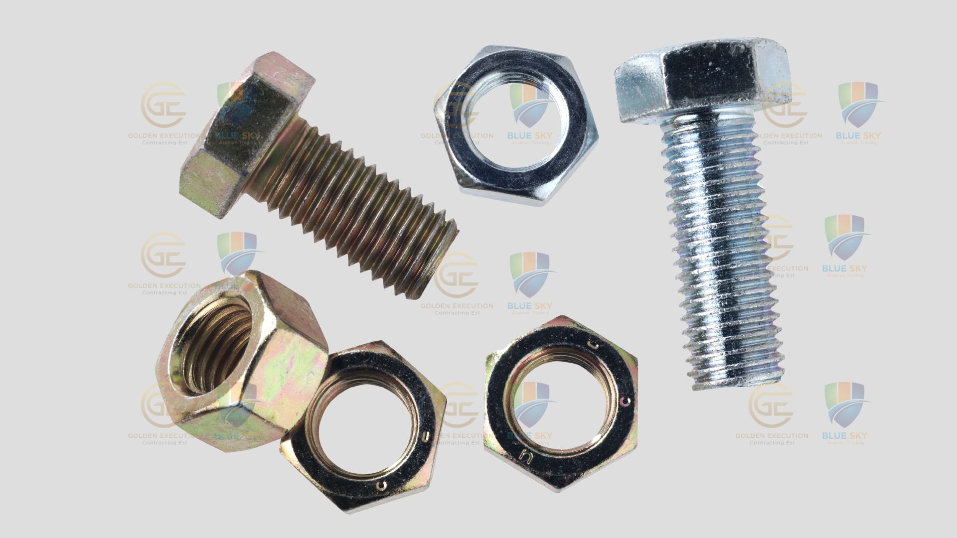 Various types of industrial bolts, nuts, and washers displayed, highlighting hex bolts, stud bolts, lock nuts, flat washers, and other fasteners used in construction, oil, gas, and industrial projects.
