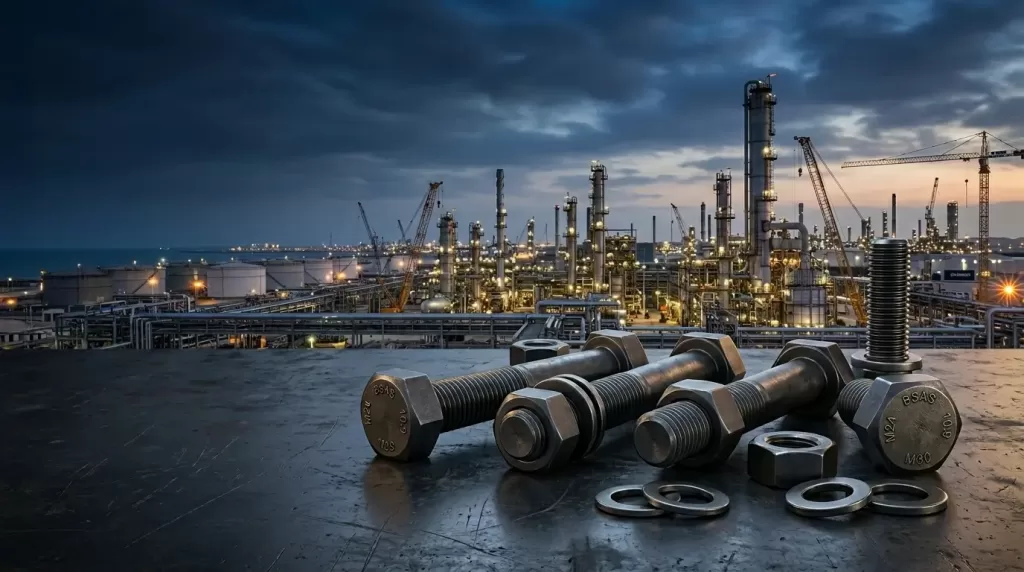 High-strength quenched and tempered bolts supplied by Blue Sky Arabian Steel for industrial, construction, oil and gas projects in Jubail.