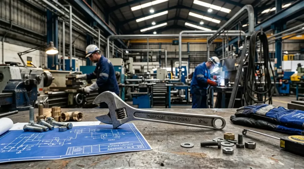 Heavy-duty adjustable wrench used in industrial maintenance and engineering applications