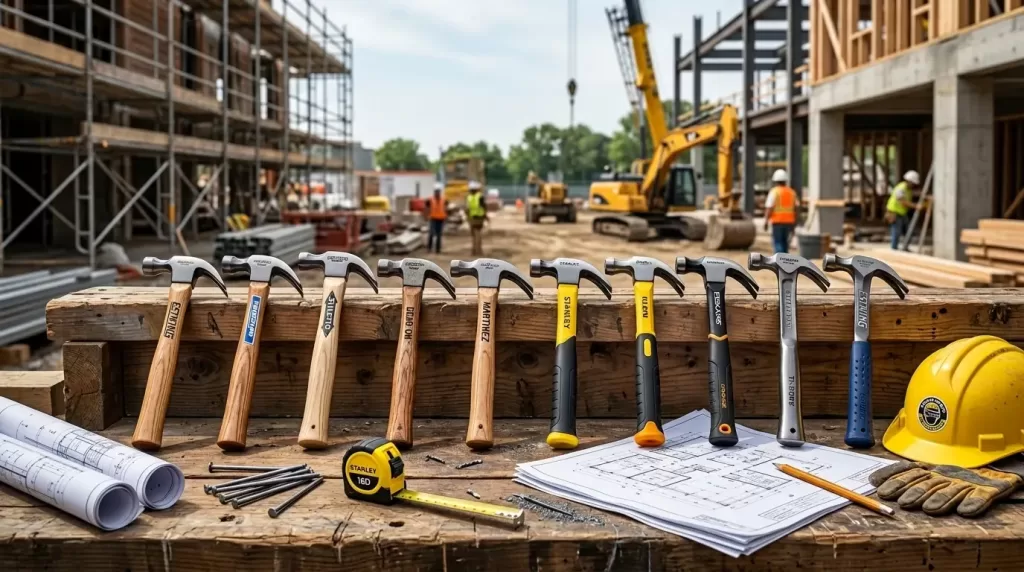 Professional claw hammers arranged on a construction workbench with industrial tools and building materials.