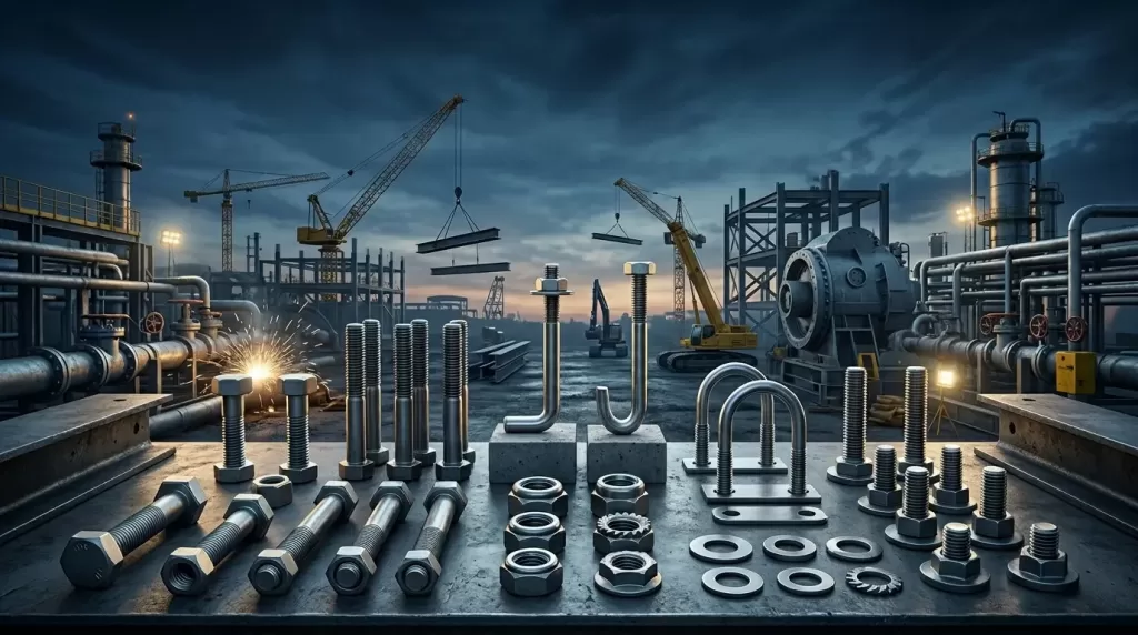 Industrial fasteners including hex bolts, stud bolts, anchor bolts, nuts, washers, and construction fasteners used in heavy engineering projects