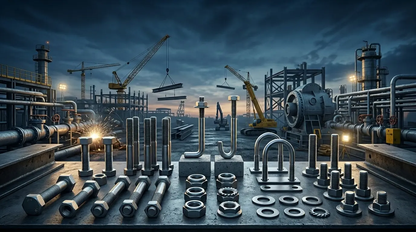 Industrial fasteners including hex bolts, stud bolts, anchor bolts, nuts, washers, and construction fasteners used in heavy engineering projects
