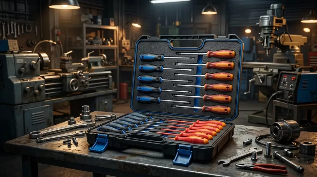 Professional industrial screwdriver sets with magnetic tips and ergonomic handles for heavy-duty industrial applications.