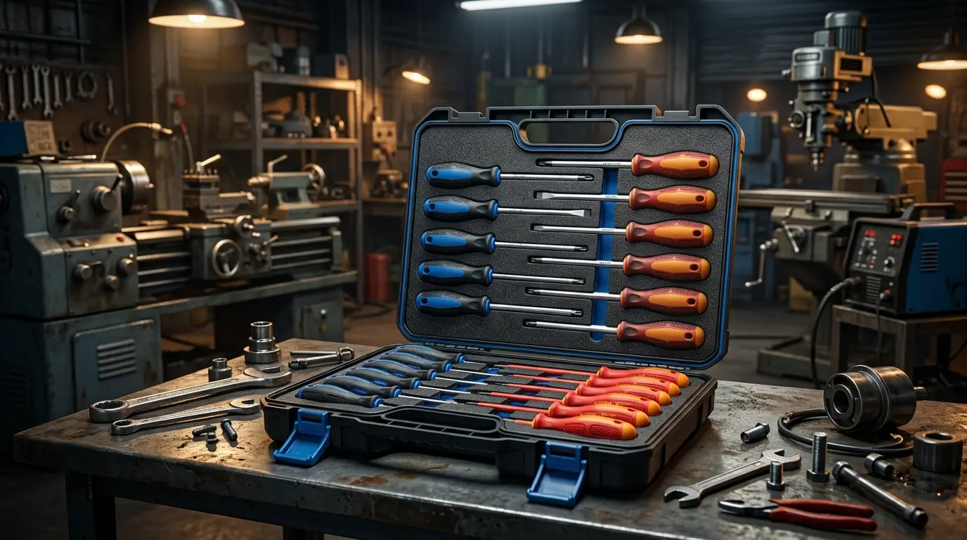 Professional industrial screwdriver sets with magnetic tips and ergonomic handles for heavy-duty industrial applications.