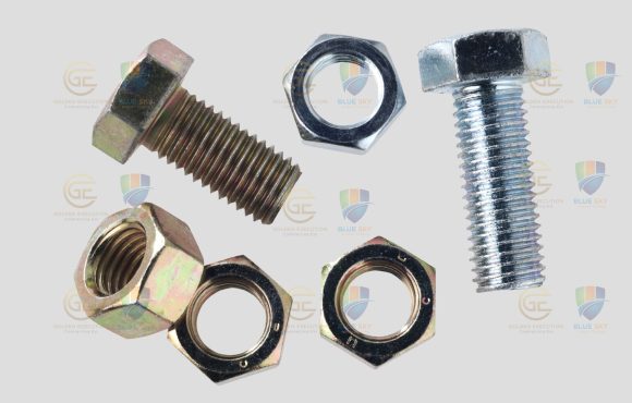 Various types of industrial bolts, nuts, and washers displayed, highlighting hex bolts, stud bolts, lock nuts, flat washers, and other fasteners used in construction, oil, gas, and industrial projects.
