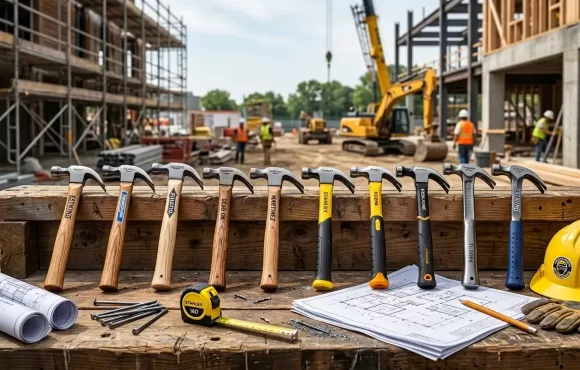 Professional claw hammers arranged on a construction workbench with industrial tools and building materials.