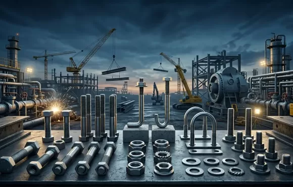 Industrial fasteners including hex bolts, stud bolts, anchor bolts, nuts, washers, and construction fasteners used in heavy engineering projects
