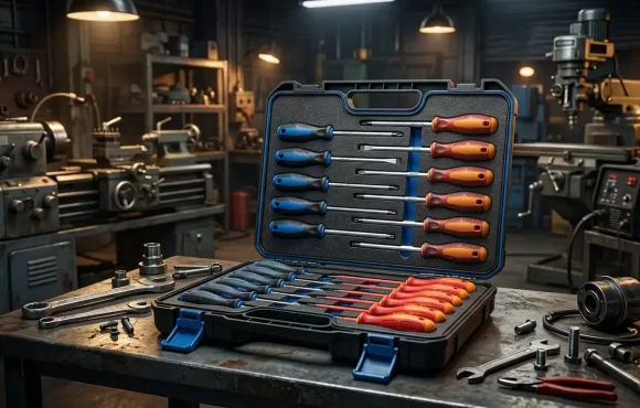 Professional industrial screwdriver sets with magnetic tips and ergonomic handles for heavy-duty industrial applications.